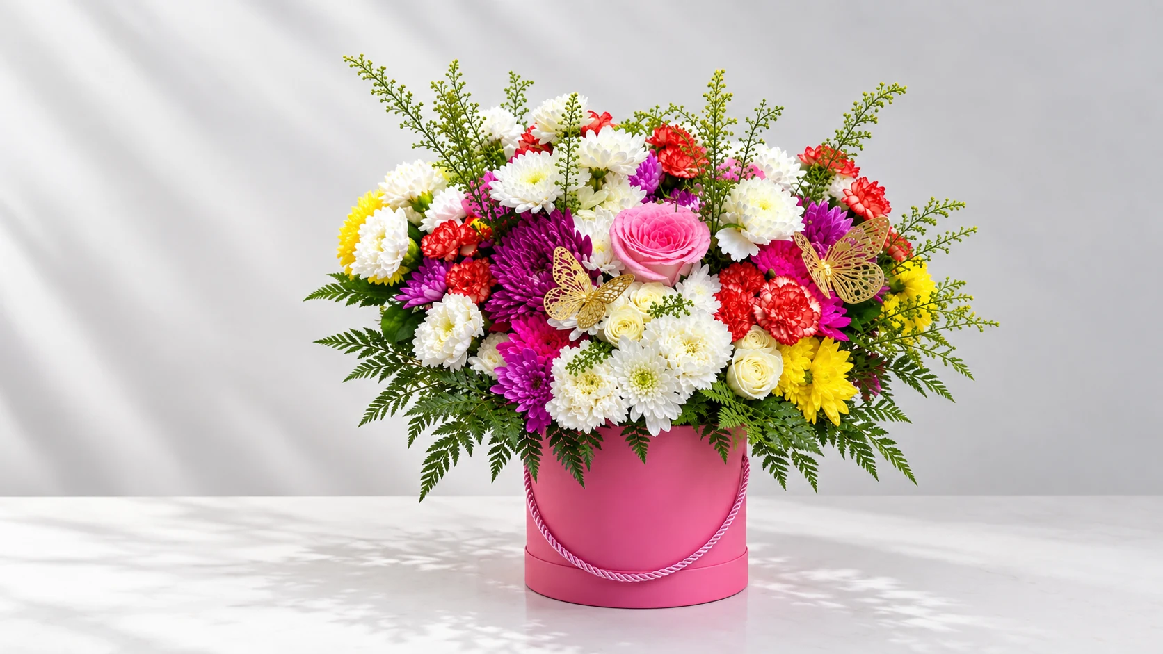A pink gift bag branded The Florist, filled with roses, peonies, lisianthus and eucalyptus